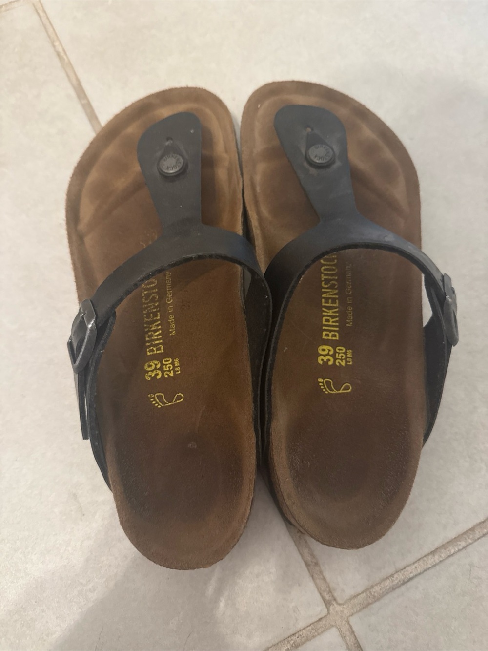 Birkenstock Brown Footbed with Black Straps Thong Sandals - Women's
